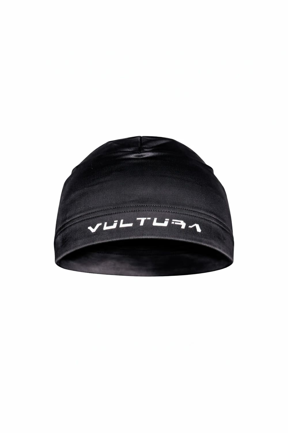 Satin Beanie Black, bonnet noir avec Vultura en blanc