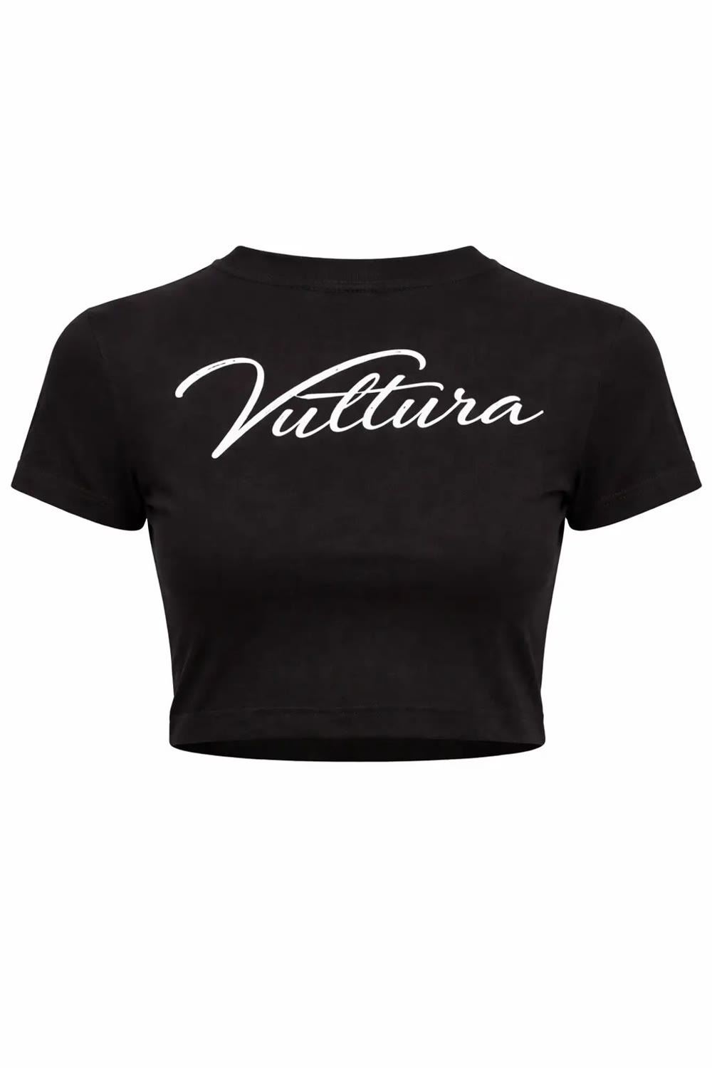 Black Crop Top Noctis, crop top noir avec le logo Vultura manuscrit