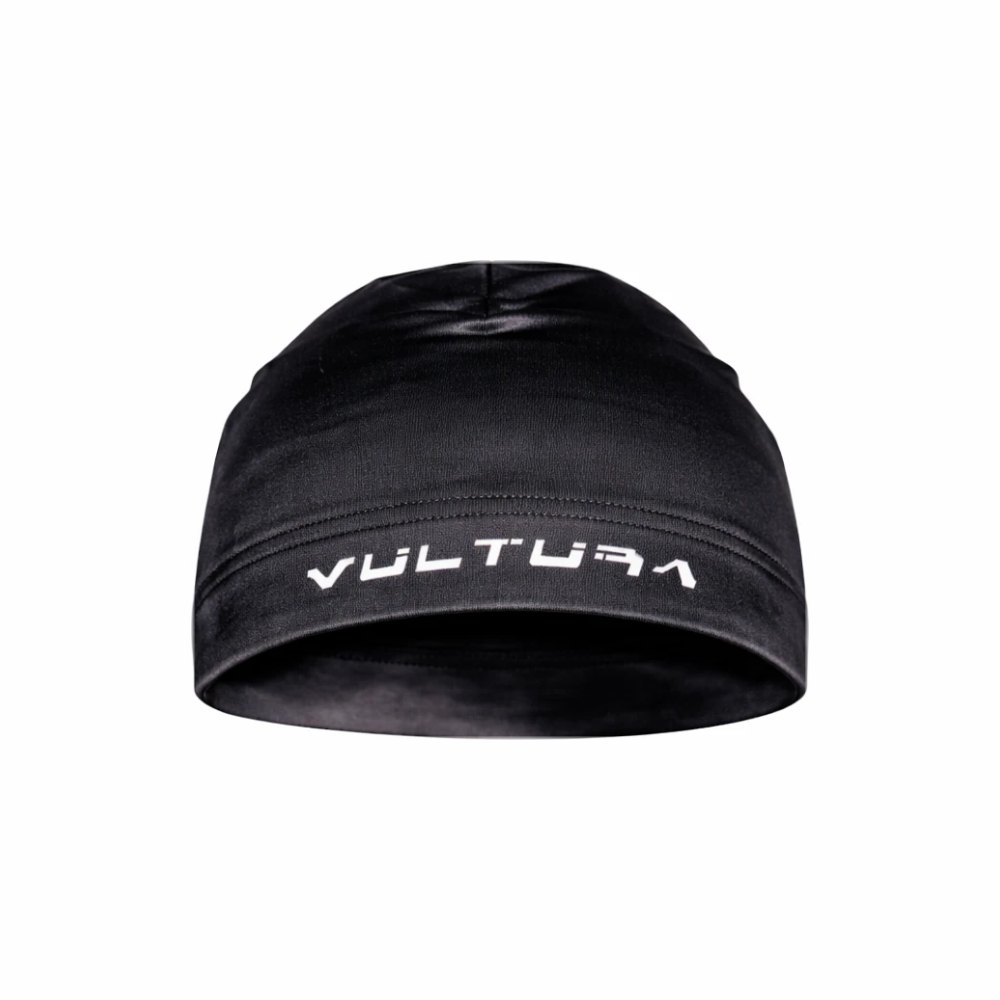 Satin Beanie Black, bonnet noir avec Vultura en blanc
