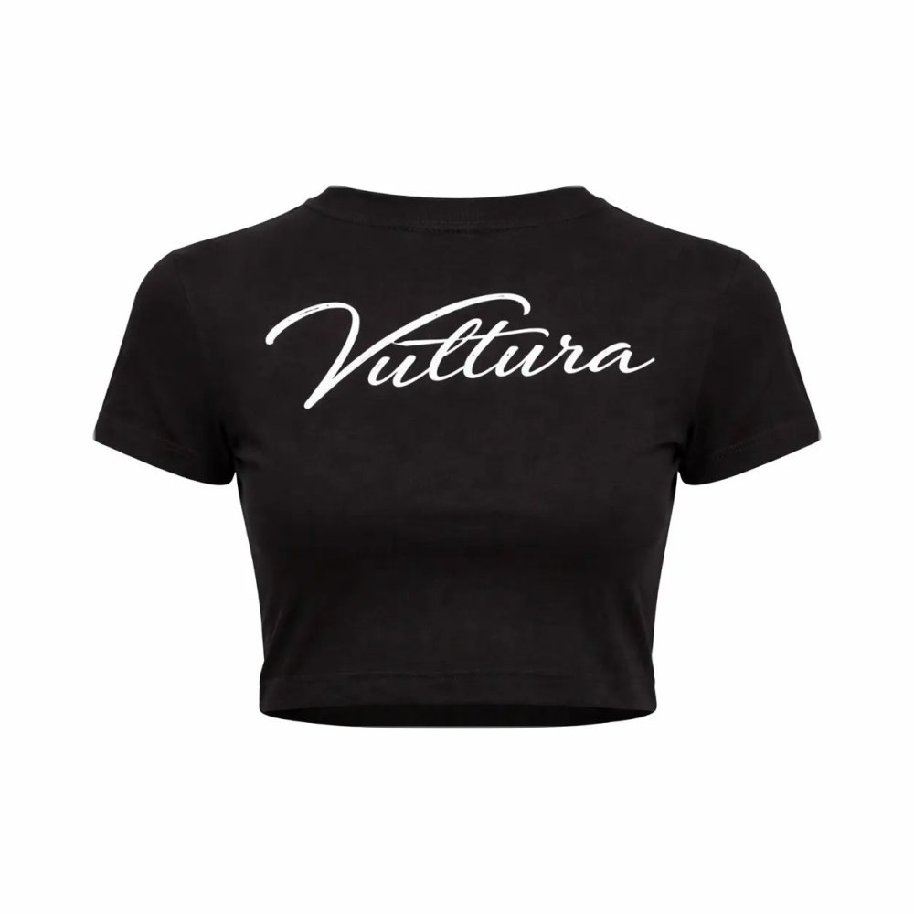 Black Crop Top Noctis, crop top noir avec le logo Vultura manuscrit