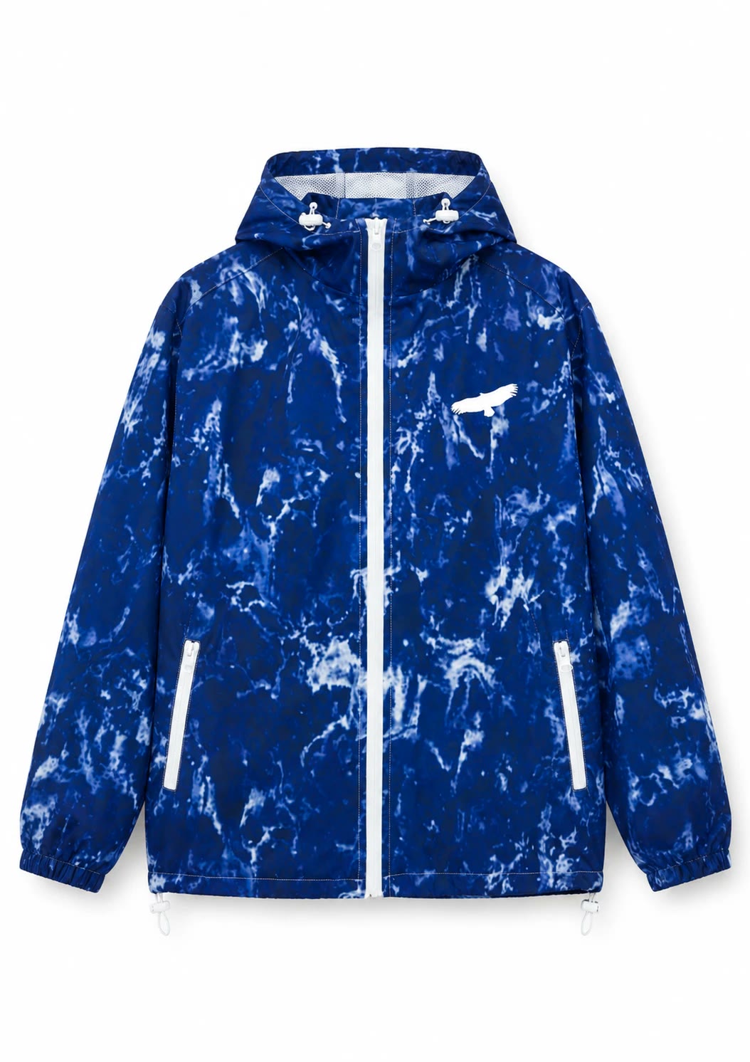 Coupe-vent Windbreaker Blue, imprimé bleu marbré, zip blanc