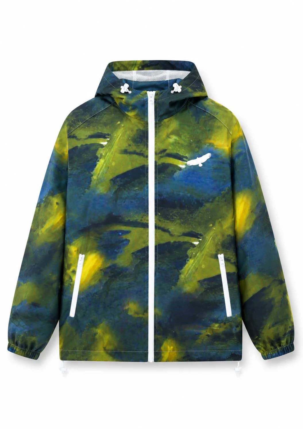 Coupe-vent Windbreaker Green Camo, imprimé vert, jaune et bleu nuit, zip blanc